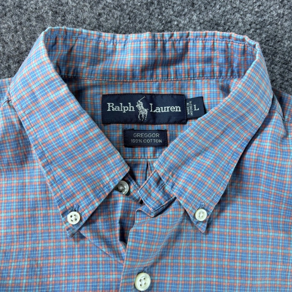 Ralph Lauren‎ Greggor Shirt Mens Large Blue Orange Plaid Cotton Button Down LS